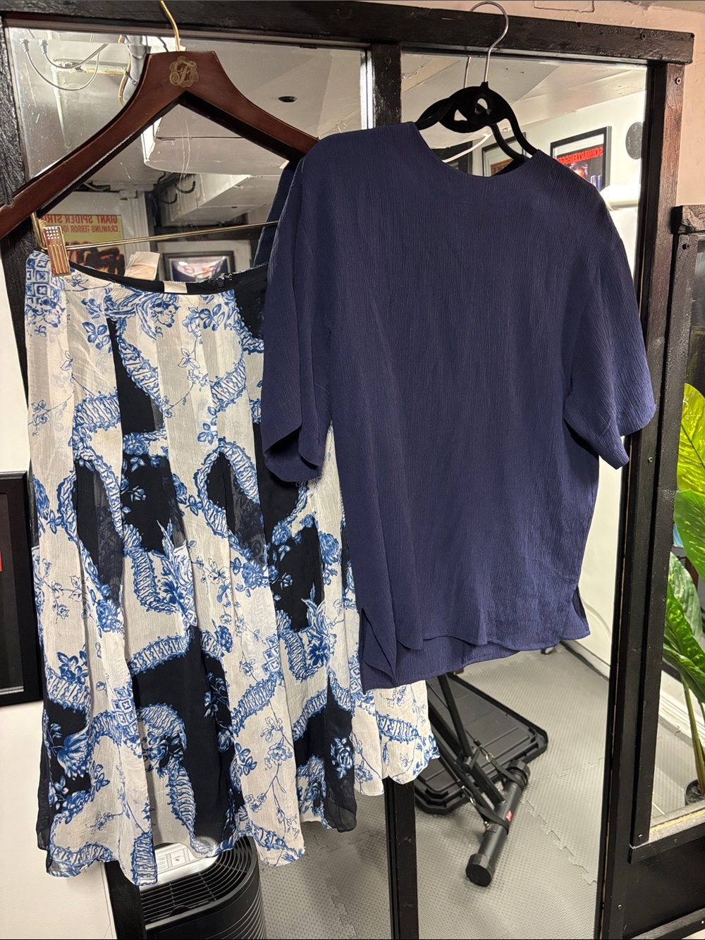 Women’s Navy Blue Textured Short-Sleeve Blouse with Blue & White Patterned Skirt